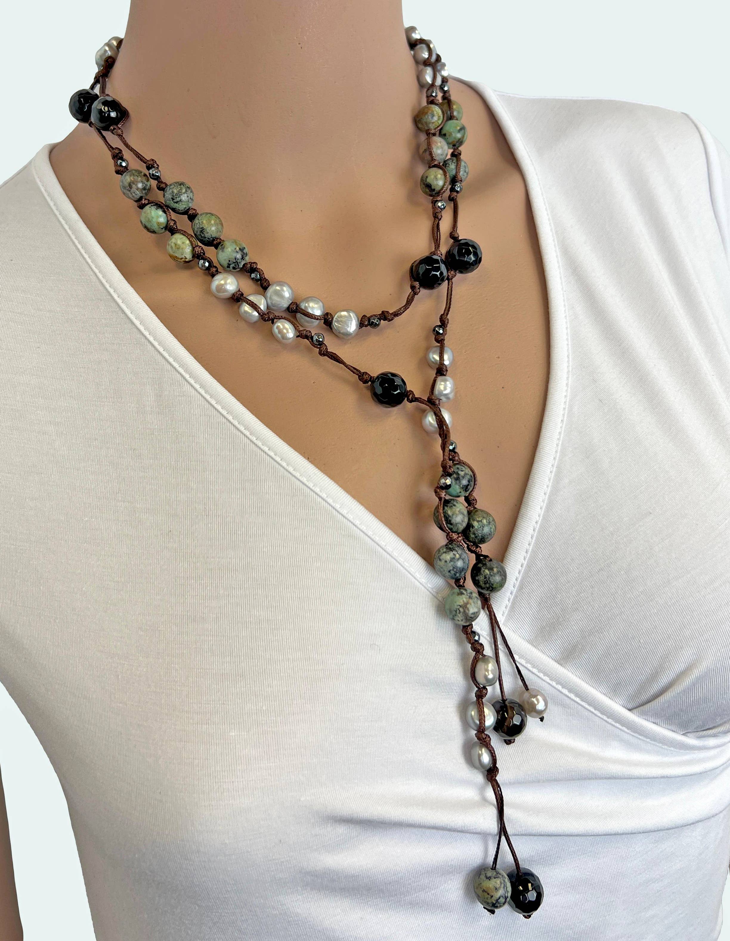 IST Jewelry – wholesale Y-ringat halsband – Afrikansk turkos pärla blanda lång Lariat skiktning halsband2