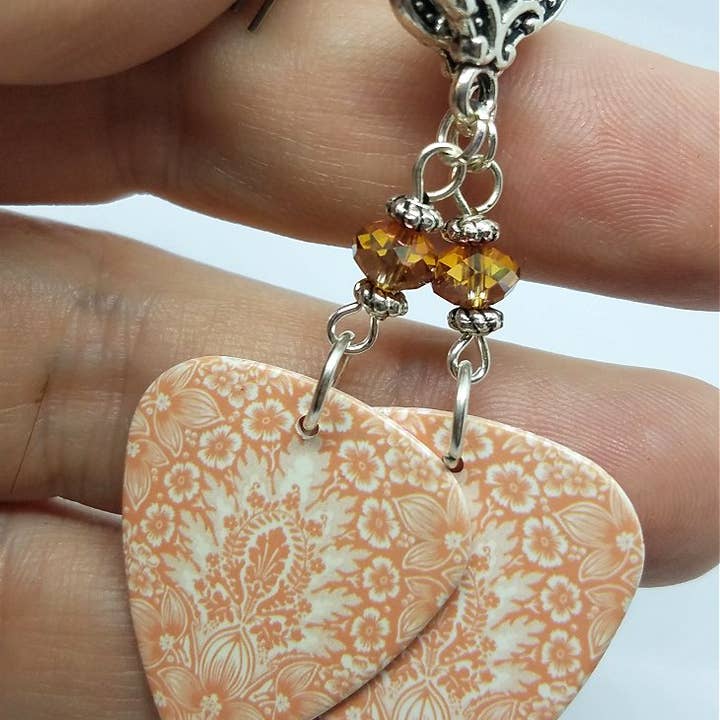 Simply Raevyn - Wholesale Dangle Earrings - Peach Colored Floral Guitar Pick Earrings with Brown Swarovski Crystal Rondelles