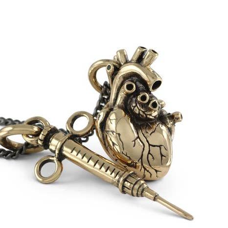 Anatomical Heart & Syringe Necklace - Bronze for wholesale by Lost Apostle