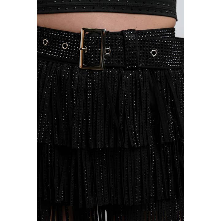 KIWI - Venta al por mayor Falda pantalón - Mujer - Falda vaquera con flecos de gamuza sintética adornada IP2485