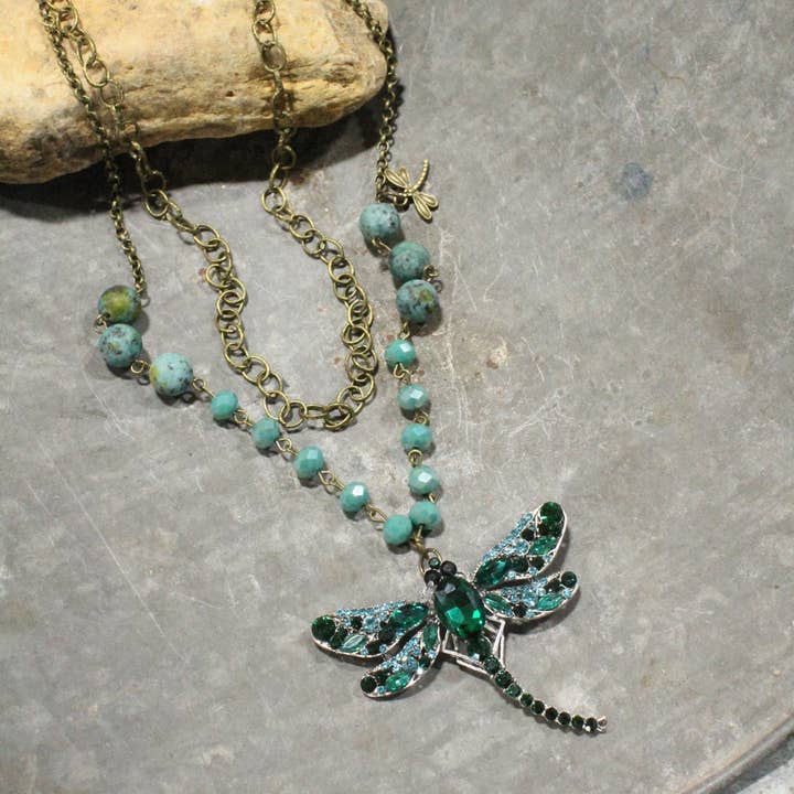 The Primitive Peddler, Inc. - Wholesale Pendant/Charm Necklace - Silent Whispers Dragonfly Bling Shades Of Green Layered Necklace