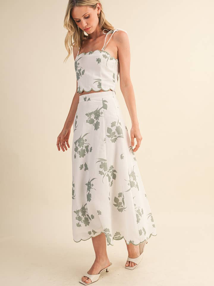 IST5941 FLORAL SCALLOPED CROP TOP AND MIDI SKIRT SET for wholesale by Klesis