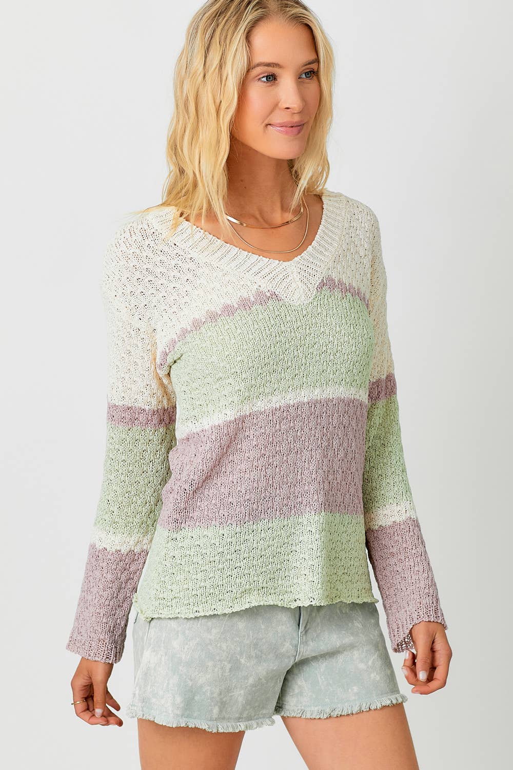 Marfil/Rosa 57462 Jersey con cuello en V de rayas múltiples de venta al por mayor en Faire6