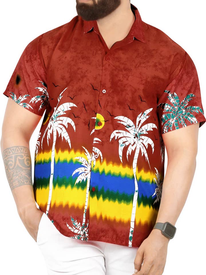 LA LEELA Men Exotic Beach Hawaiian Shirt L Poppy, Palm for wholesale on Faire