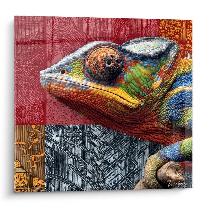 Colorful chameleon painting on geometric background - Reptilian fusion - chameleon edition for wholesale by Walensky