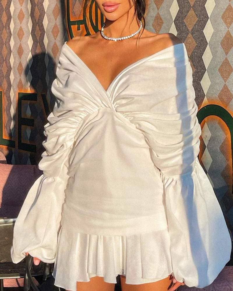 WHITE ruched bell sleeve vneck casual dress for wholesale on Faire1