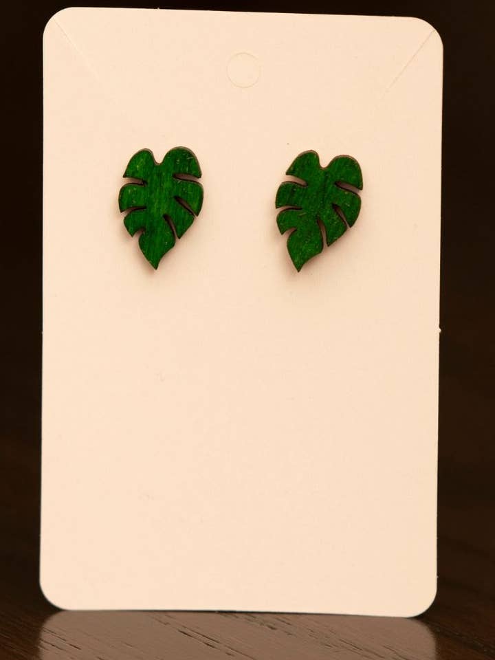 Monstera Leaf Wood Stud Earrings for wholesale by Timeless Engraving