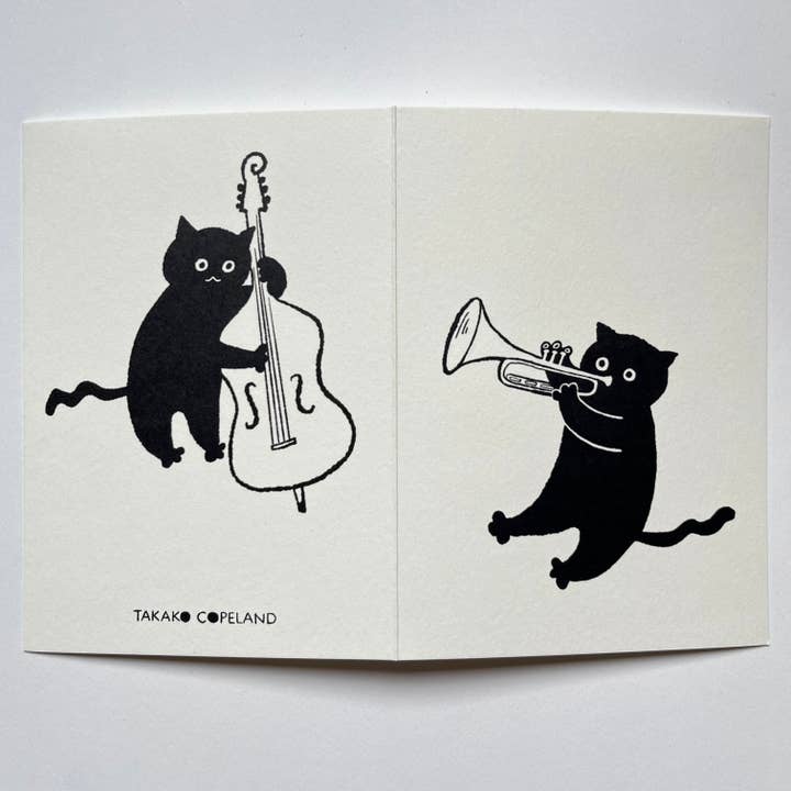 Jazz Cats Card - Trumpet and Doublebase for wholesale by Takako Copeland