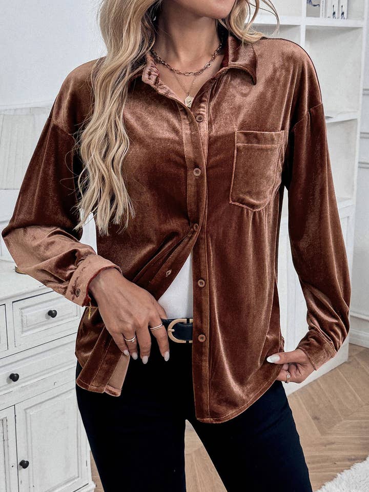 Coffee Retro Velvet Pocket Lapel Shirt for wholesale on Faire