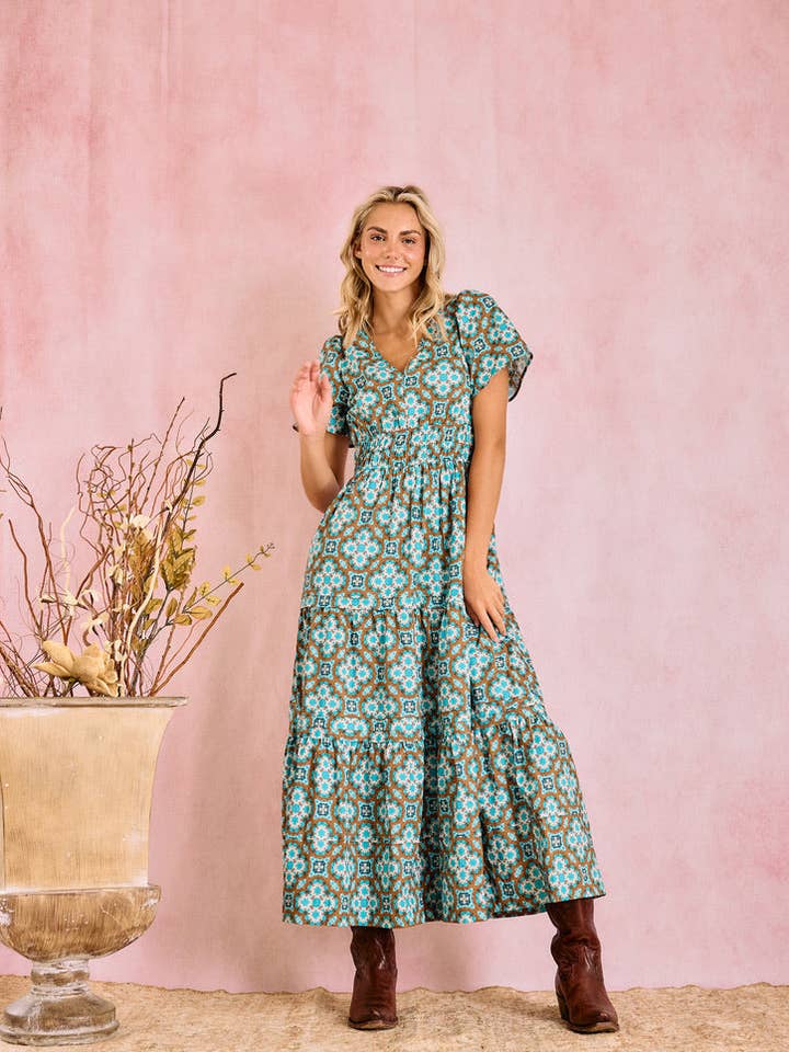 Poppy Deep V Dress - Quatrefoil Brown for wholesale by Brooks Avenue