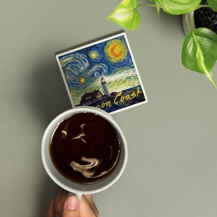 Lantern Press - Wholesale Coasters - CERAMIC COASTER Oregon Coast, Lighthouse, Starry Night