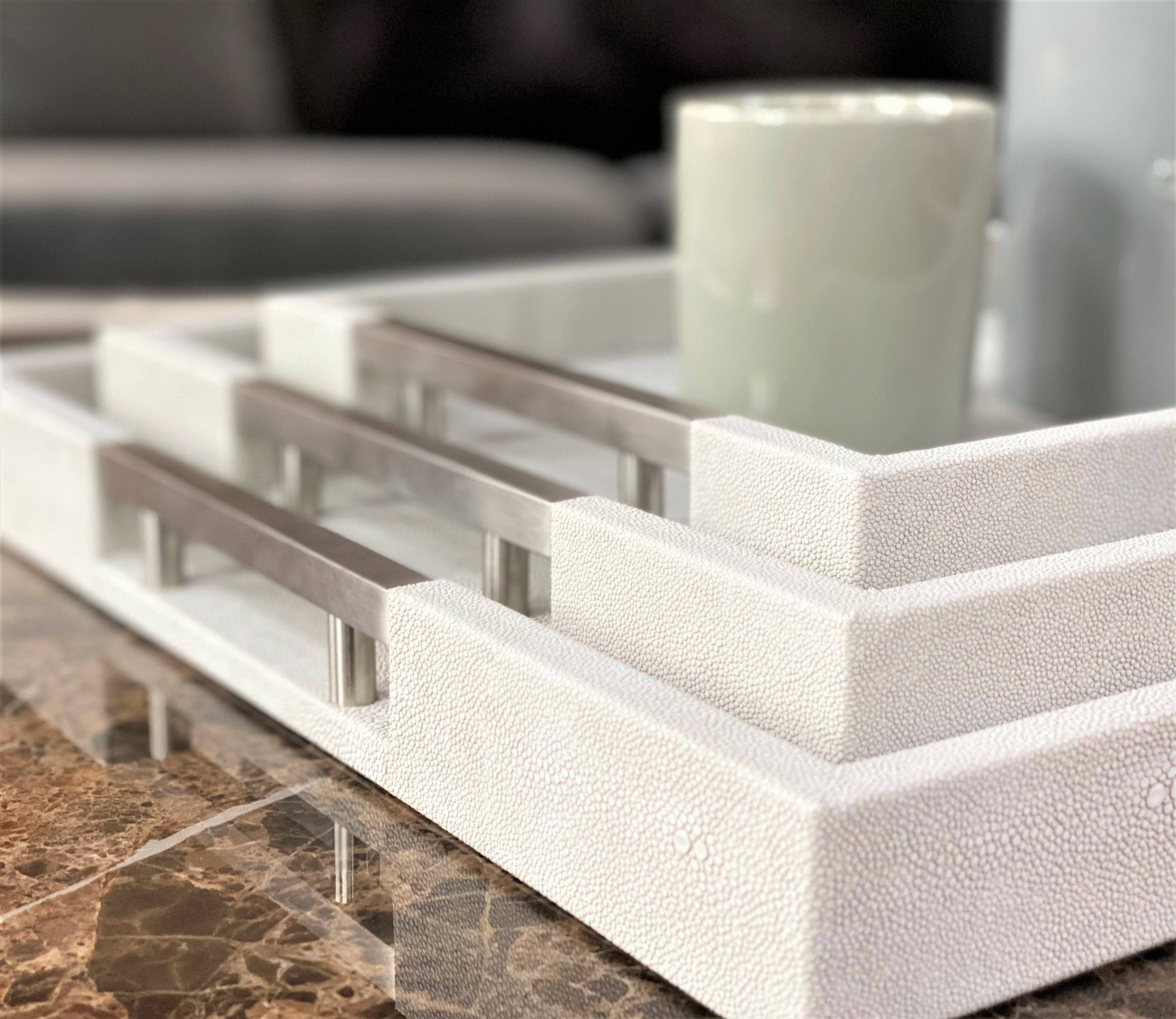 One Preevay Luxury Home Furniture & Decor - Wholesale Serving Tray - Thursby Luxury Shagreen Serving Tray | Exotic Embossed Leather | Nickel Handwear0