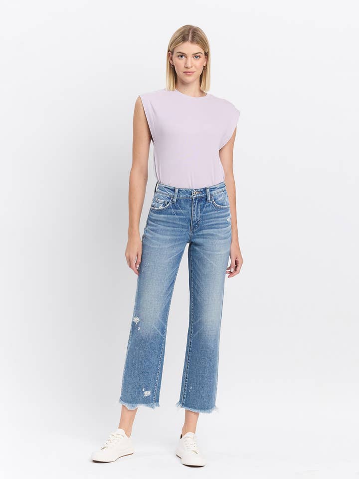 HIGH RISE FRAYED HEM STRAIGHT JEANS T6352 for wholesale by VERVET by FLYING MONKEY