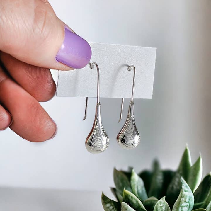 Contemporary Etched Sterling Silver Tear Drop Earrings for wholesale by The Green Gecko