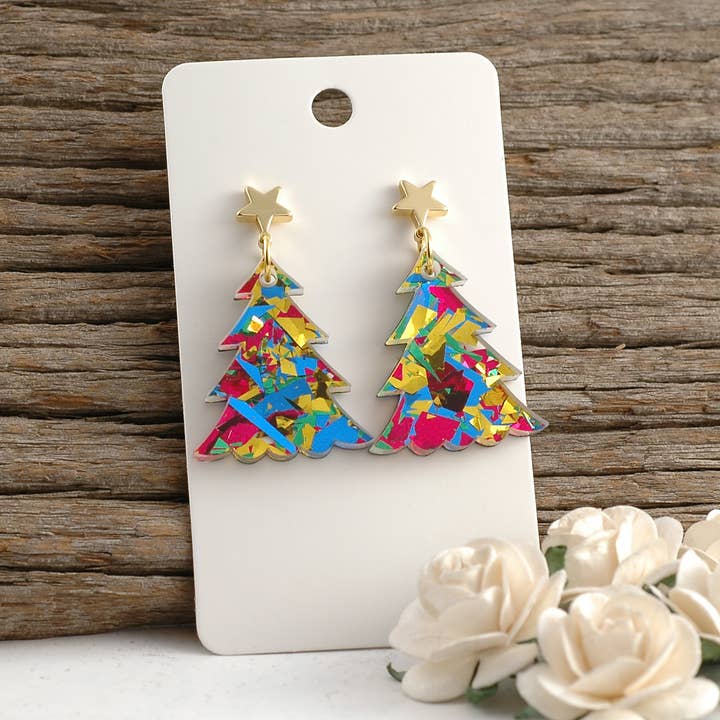 Christmas Tree Star Dangle Post Earrings - Acrylic for wholesale by Rocky Mountain Shops