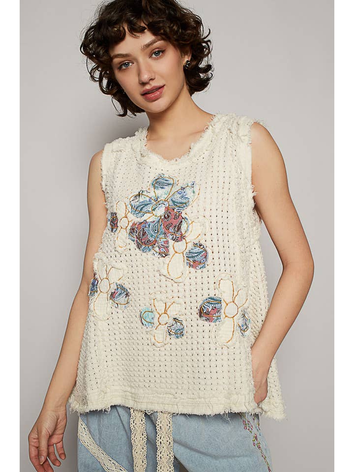 Pol Clothing - Wholesale Blouse - Women's - Round neck sleeveless denim flower patch top
