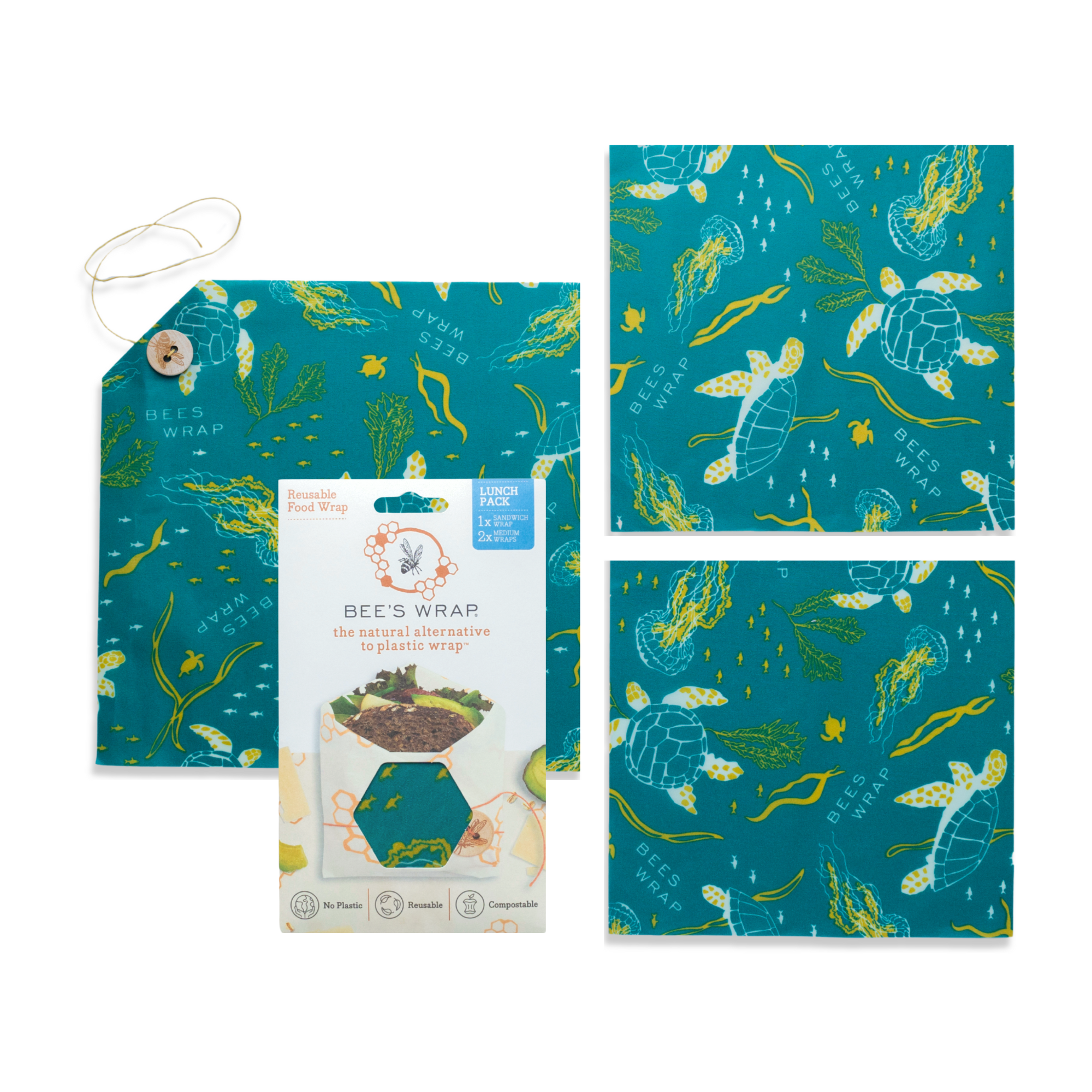 Bee's Wrap - Wholesale Food Storage Wrap/Bag - Lunch 3 Pack - Oceans Print2