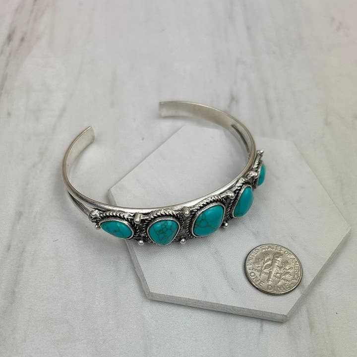 BR241130-03-BLUE Silver metal with blue turquoise stone bangle for wholesale by Western Elite Jewelry
