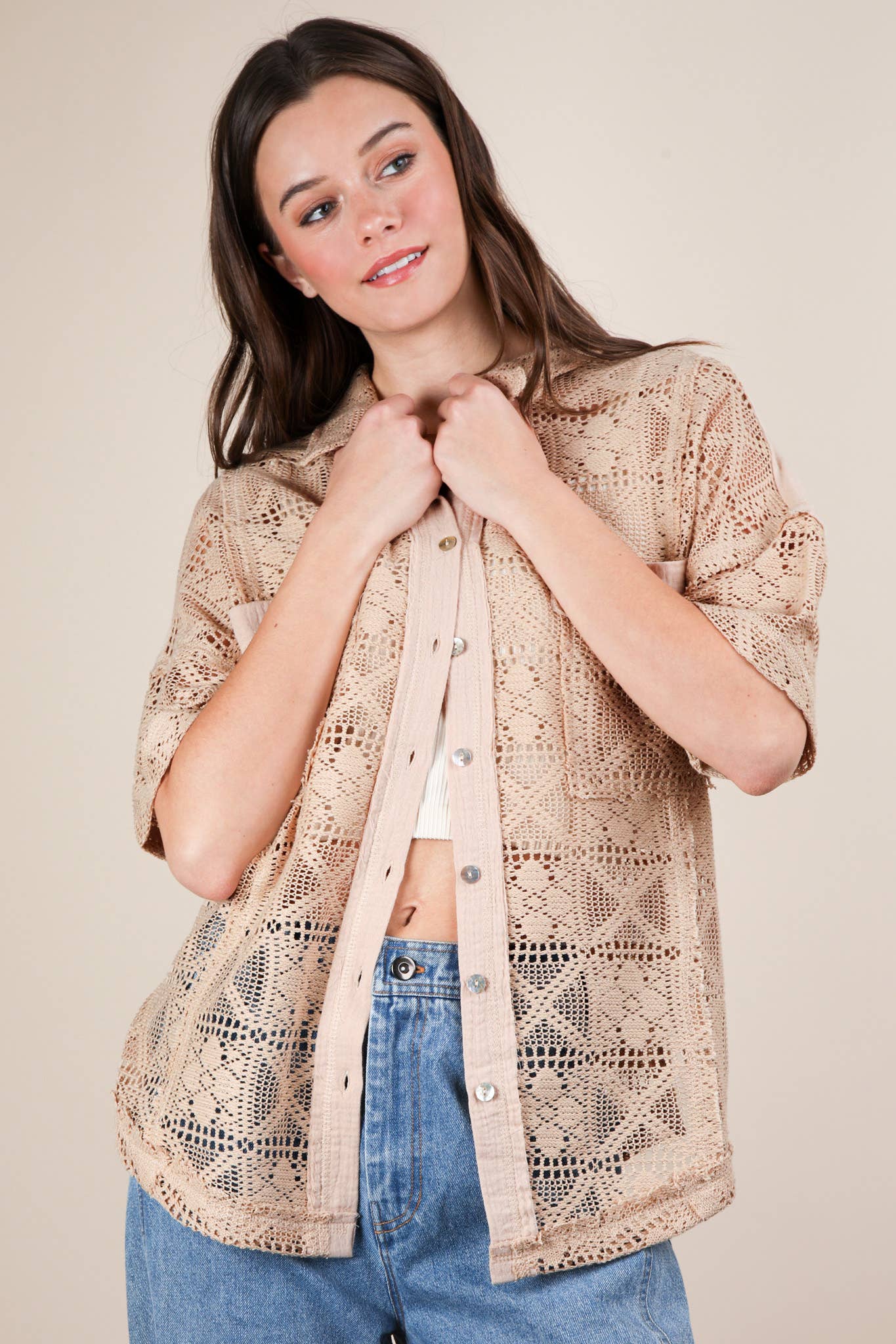 VERY J - Wholesale Jacket - Women's - NT12083-Oversized Crochet Button Down Shirt Top16