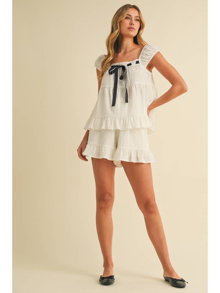 Klesis - Wholesale Lounge Set - Women's - IST5888 CONTRAST RIBBON RUFFLED HEM TOP AND SHORTS SET24