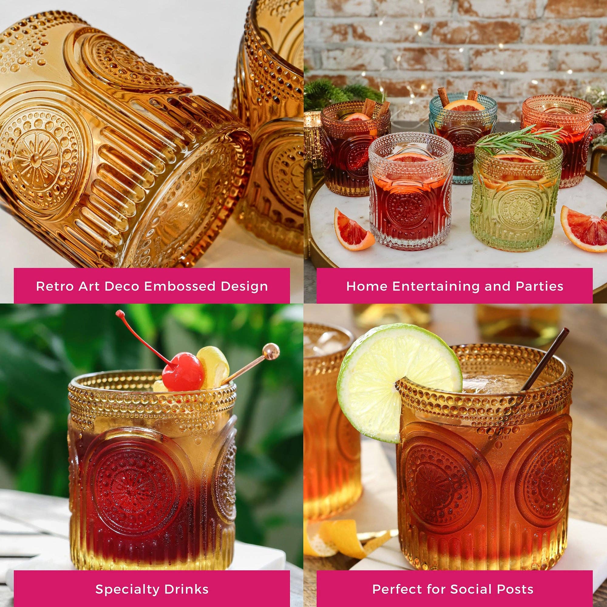Kate Aspen - Wholesale Cocktail/Liquor Glass - 10 oz. Ribbed Retro Arch Floral Amber Drinking Glasses (Set4