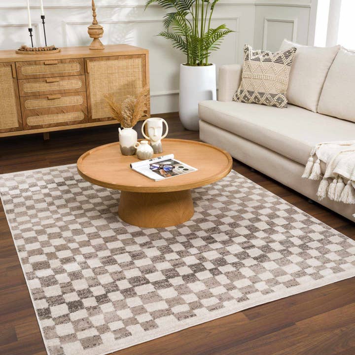 Benjy Beige Checkered Area Rug and other Purchase Wholesale boho rugs. Free Returns & Net 60 Terms on Faire trending on Faire.