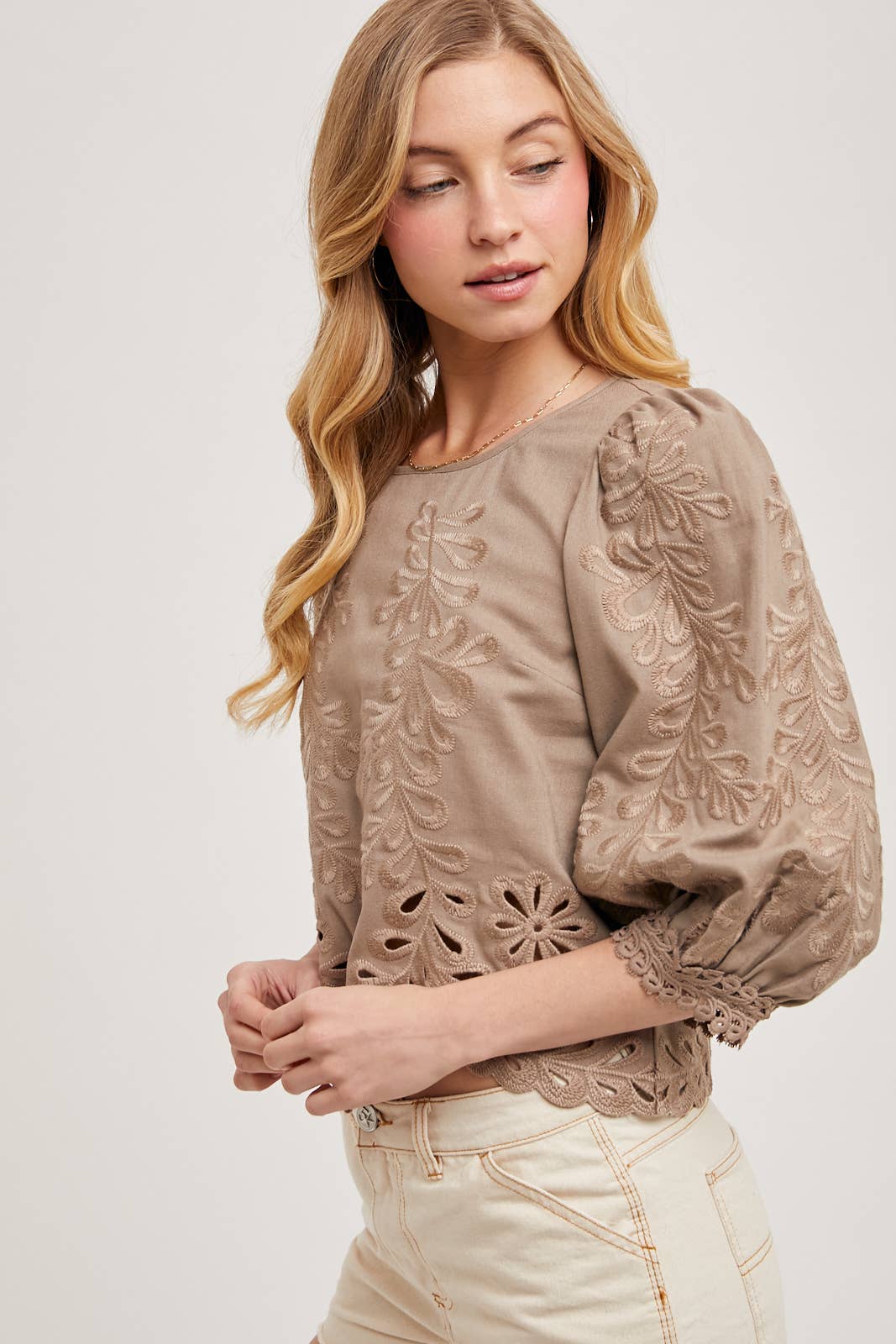 Bluivy - Wholesale Blouse - Women's - LACE CUTOUTS BOTTOM HEM BUBBLE SLEEVED TOP - EASTER DAY13