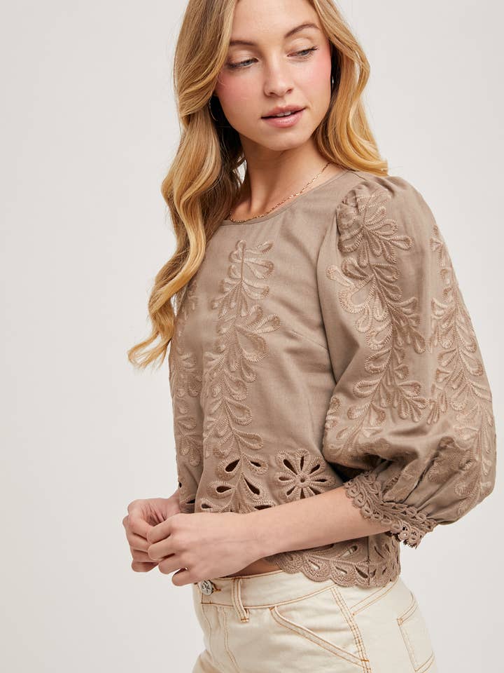Bluivy - Wholesale Blouse - Women's - LACE CUTOUTS BOTTOM HEM BUBBLE SLEEVED TOP - EASTER DAY13