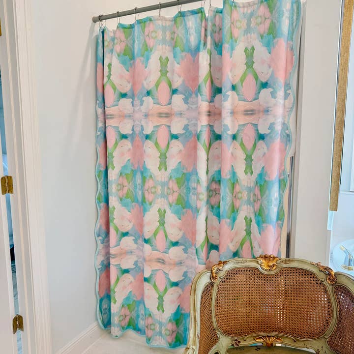 “Mint Tulip” Scalloped Shower Curtain for wholesale by MK Decker Designs