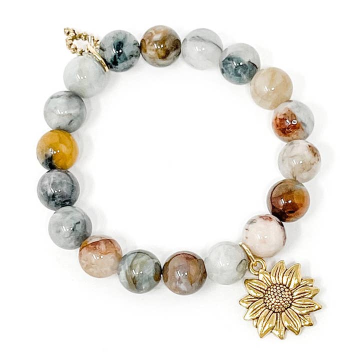 10mm Rocky Mountain Jasper Bracelet with Gold Sunflower for wholesale by PowerBeads by jen