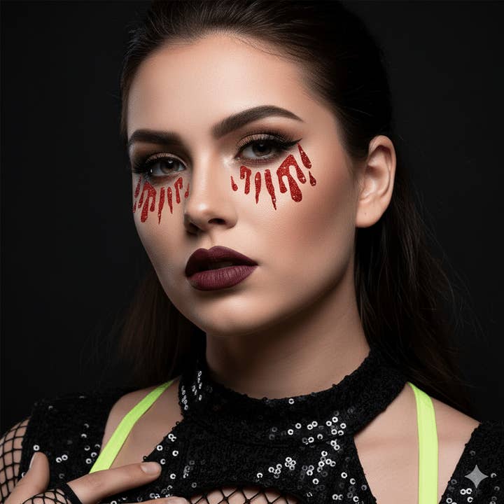 Red Bloody Awesome Glitter Tears Face Sticker for wholesale on Faire1