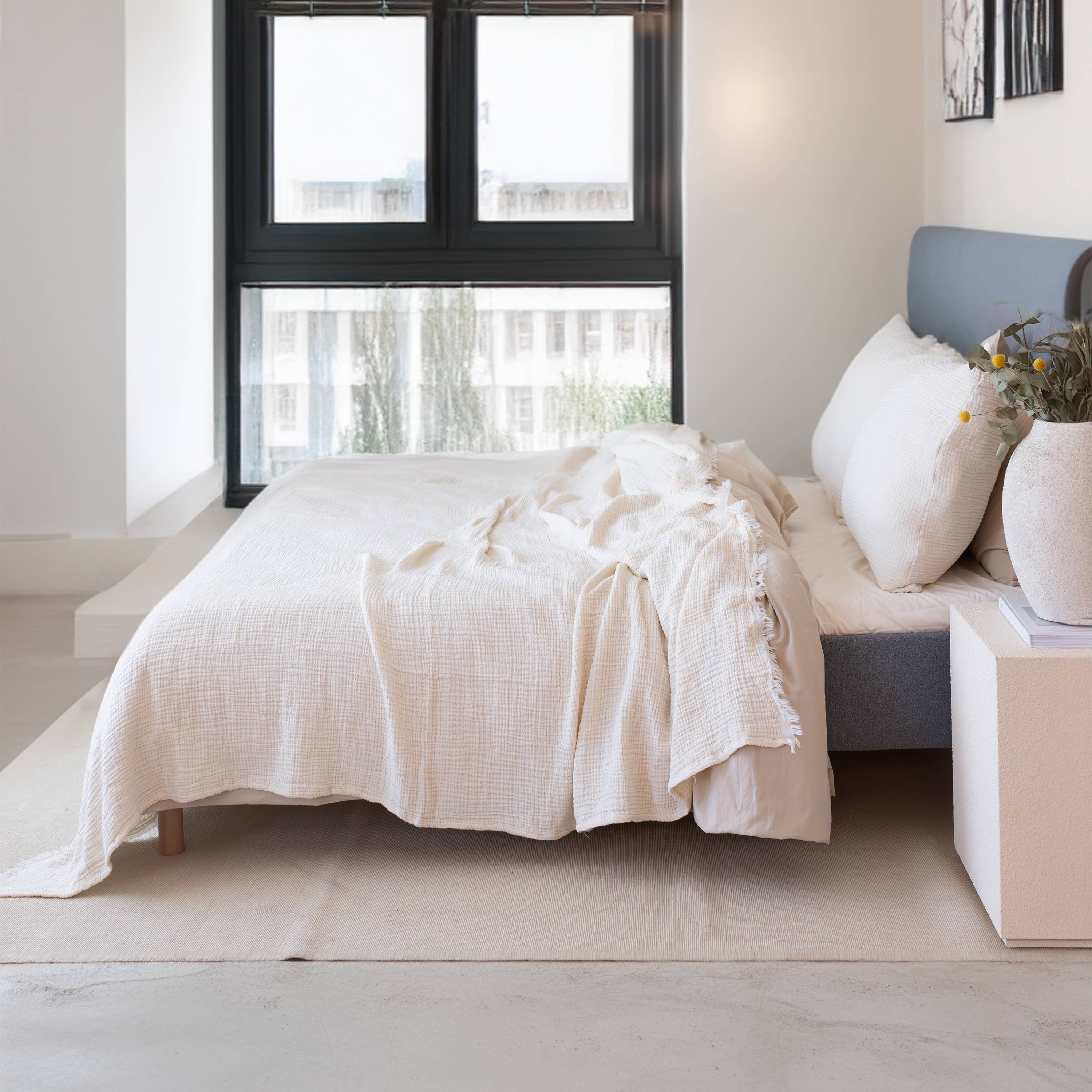 Vivamaison - Vente Plaids - Couvre-lit en mousseline frangé 100 % coton doux, 4 couches premium86