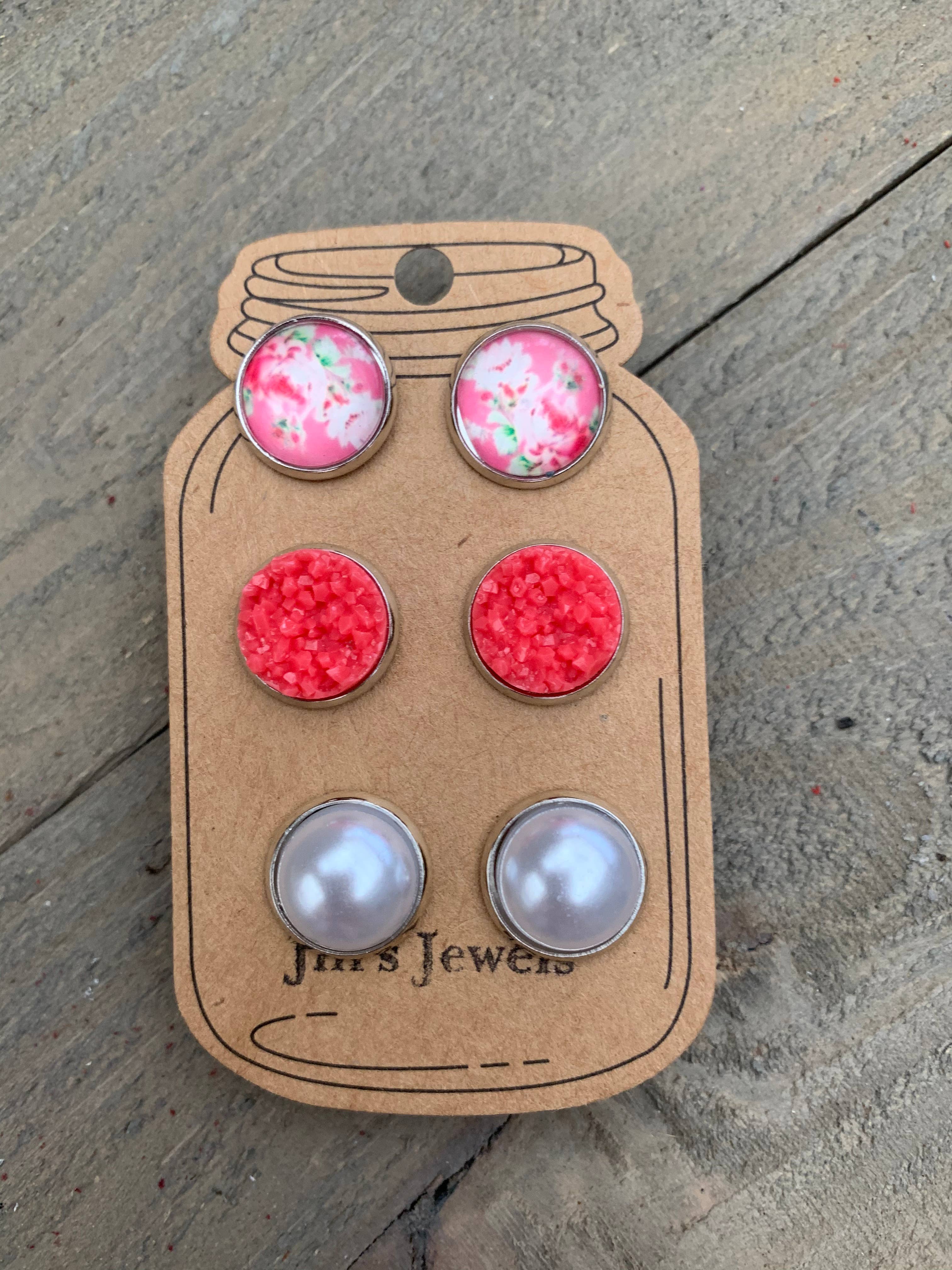 Jill's Jewels - Wholesale Jewelry Set - Coral and Pearl Floral Triple Faux Druzy 3 Earring Set1