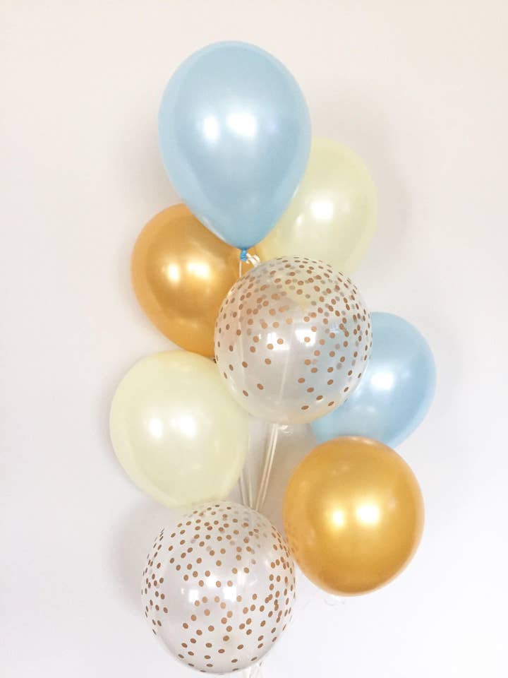 Set of 8 Blue, Gold and Ivory Latex Balloons for wholesale by Hullaballoons