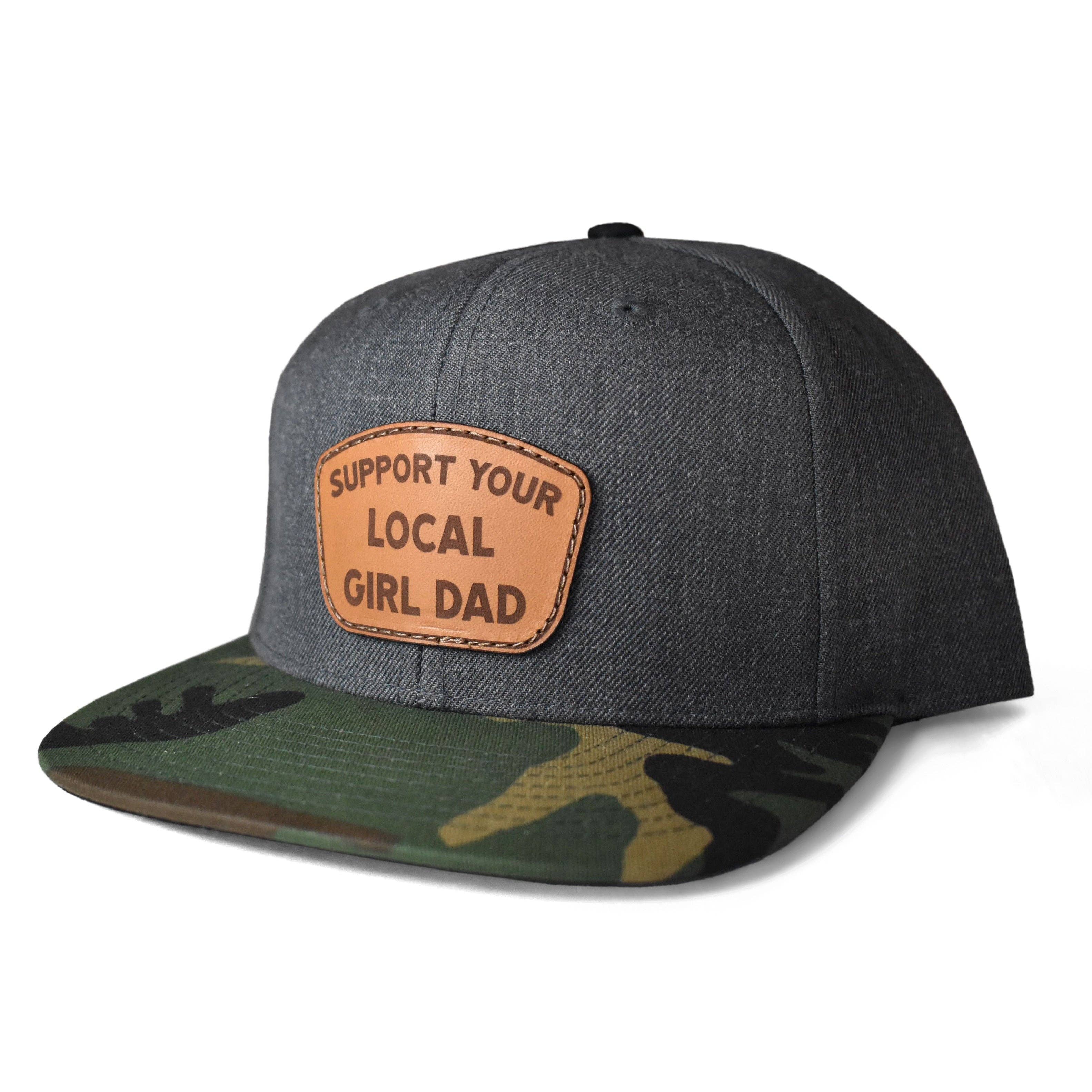 Dadbod Apparel - Wholesale Trucker Hat - Men's - Support Your Local Girl Dad Leather Patch Hat (Charcoal/Camo Bill)1