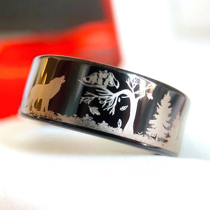 Black Tungsten Ring with Wolf, Owl, and Forest Engraving for wholesale by rings paradise