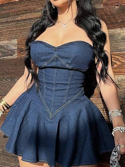 tube denim ruffle mini dress for wholesale by Queen Fashion