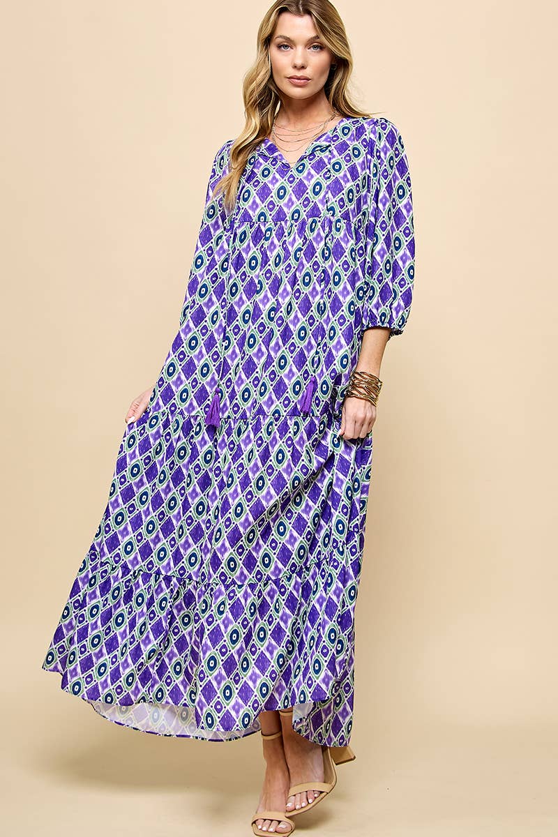 Cezele - Wholesale Dress - Women's - 3/4 Lantern Sleeve Print Boho Maxi Dress3