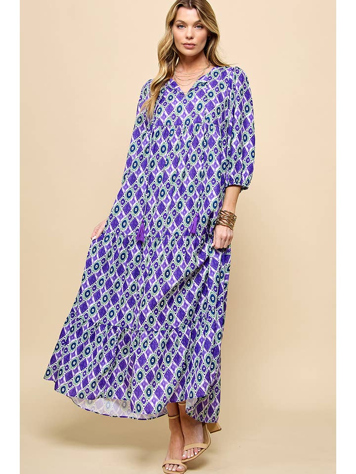 Cezele - Wholesale Dress - Women's - 3/4 Lantern Sleeve Print Boho Maxi Dress3