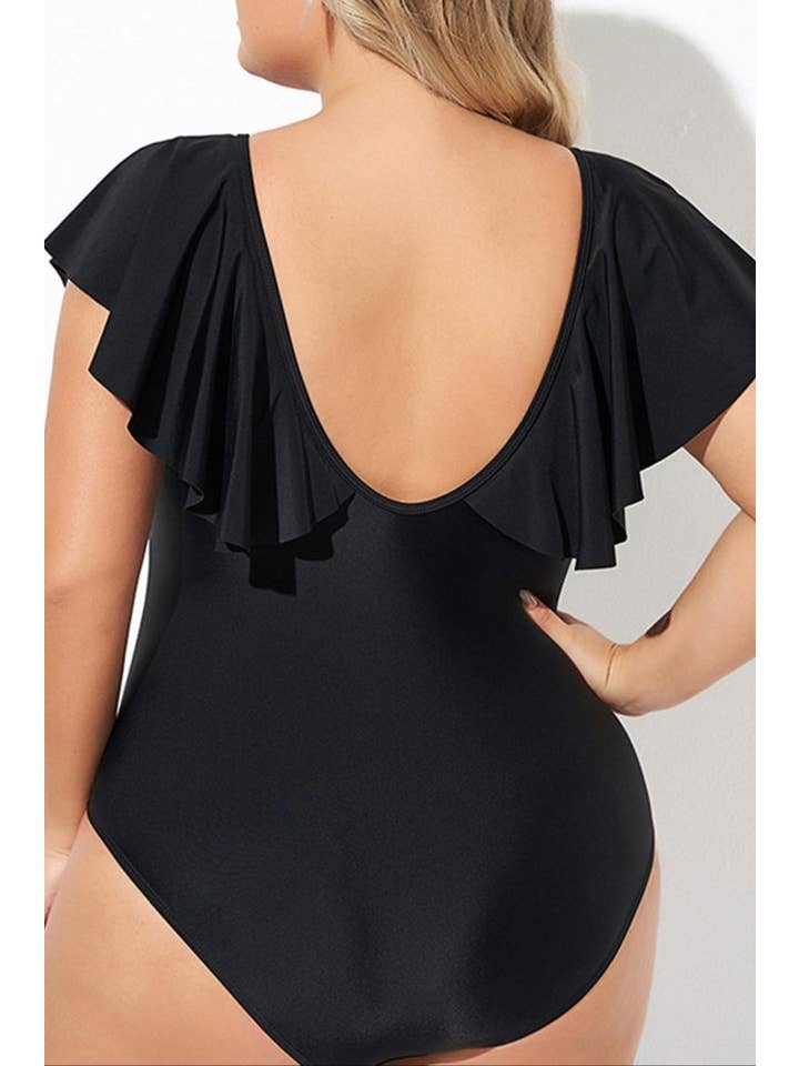 Black Plus Size Ruffle Sleeve One Piece Swimsuit for wholesale on Faire