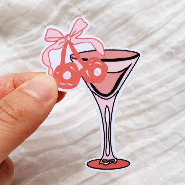 Autocollant étanche Verre à Martini & Cerises Jumelles pour la vente par Tiny Acres Co
