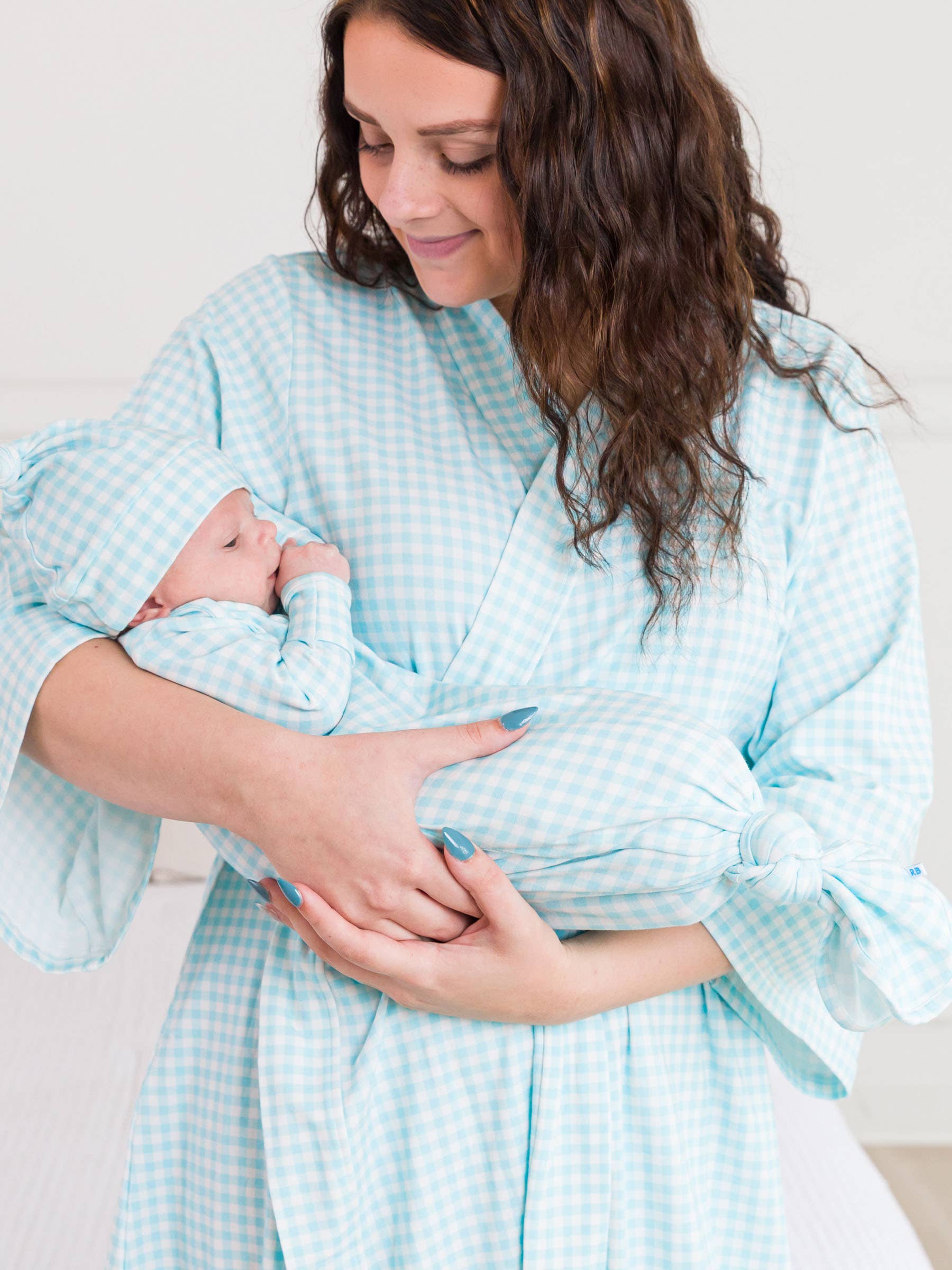 SoftSnooze™ Baby Cotton Modal Blue Breeze Gingham Knotted Sleep Gown & Hat Set for wholesale on Faire4