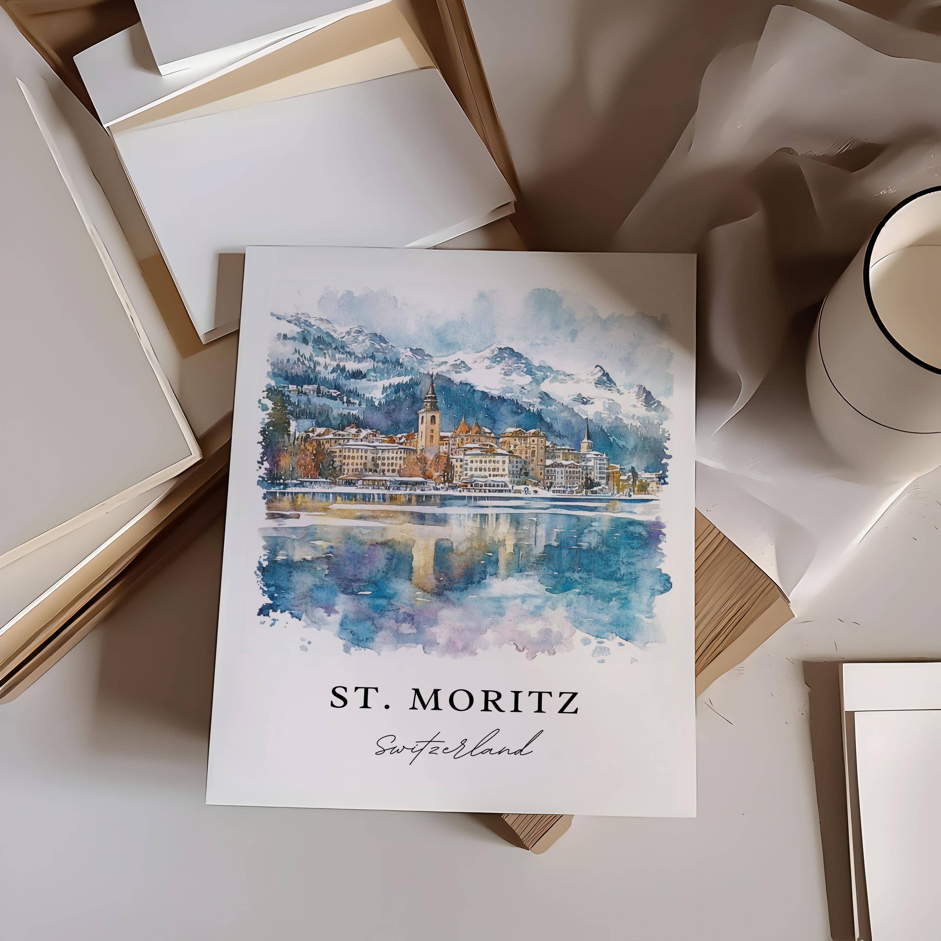 Premium Travel Art - Vente Affiche d'art - Art mural de St. Moritz, Impression de St. Moritz, Art aquarelle de Saint Moritz, Cadeau de la vallée de l'Engadine,1