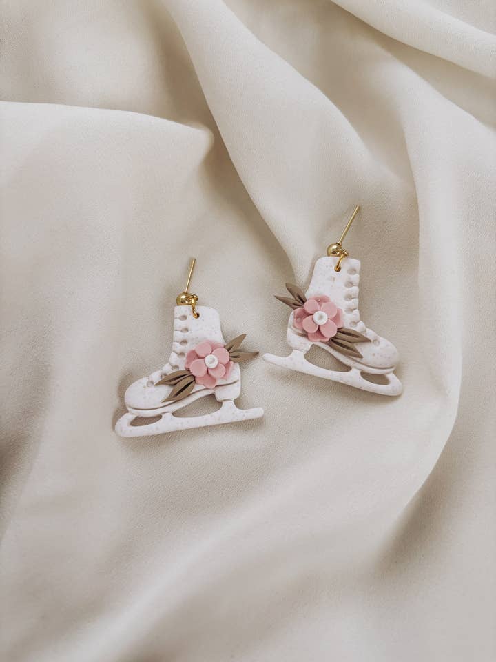 Pink Ice Skate Earrings, Pink Christmas Earrings for wholesale by Placed by Grace