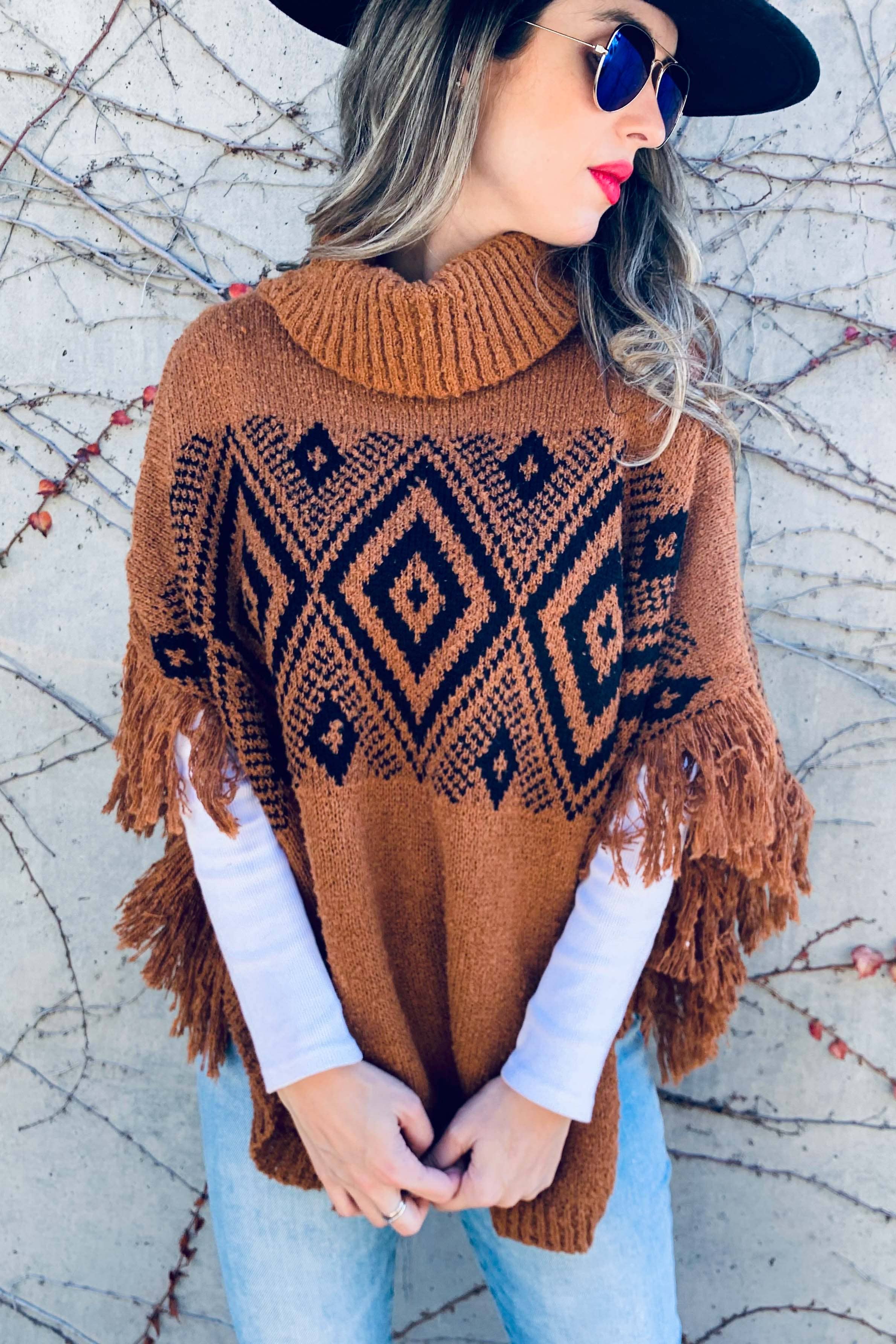 AMOLI - Wholesale Knit Sweater - Women's - Aztec Printed Turtleneck Fringe Light Weight Soft Poncho6