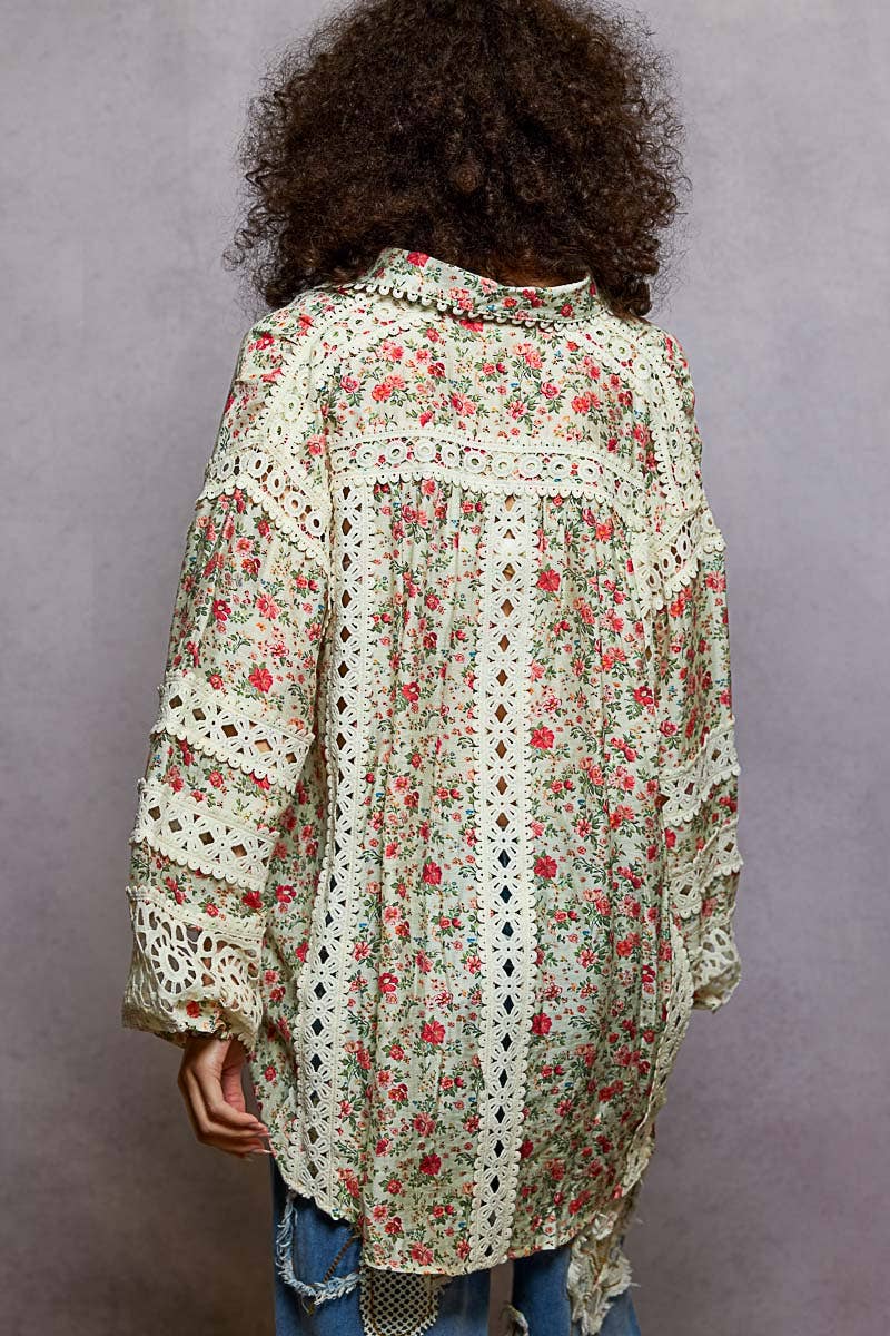 Pol Clothing - Wholesale Button Down Shirt - Women's - Balloon Sleeve Trim See-through Floral Printed Shirt Top3