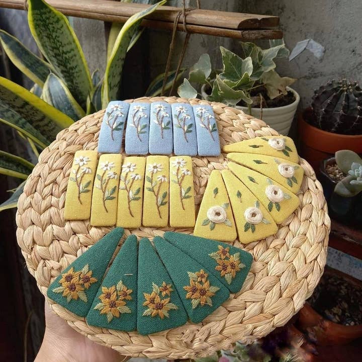 Sunflower & Rose Daisy Embroidered Hair Barrettes, Collectio for wholesale by Quince Fables