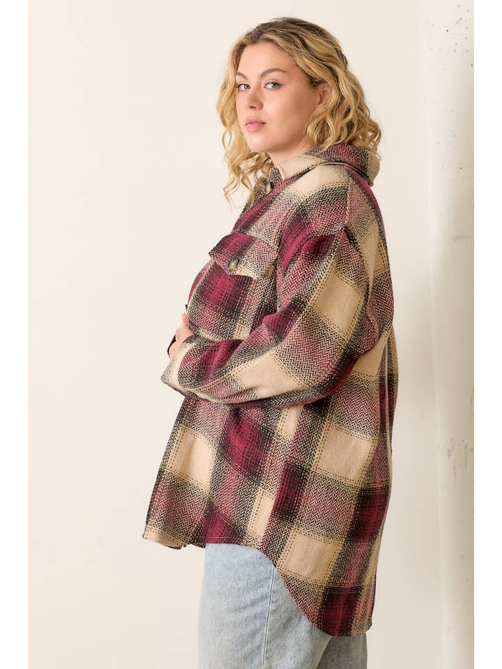 BURGUNDY MULTI BUTTON UP COLLARED PLAID JACKET for wholesale on Faire2