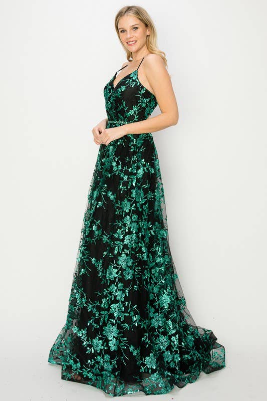 Verde caçador Vestido de baile esvoaçante com decote em V, alças finas e estampa floral esmeralda para venda a revendedores na Faire1