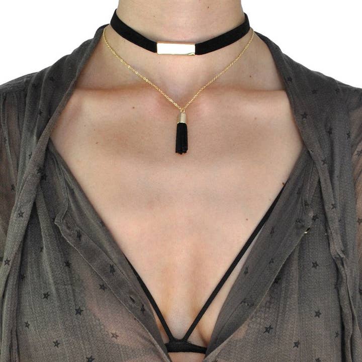 Jewel Cult - Vendita all'ingrosso Parure di gioielli - Set collana girocollo a strati in velluto e nappa